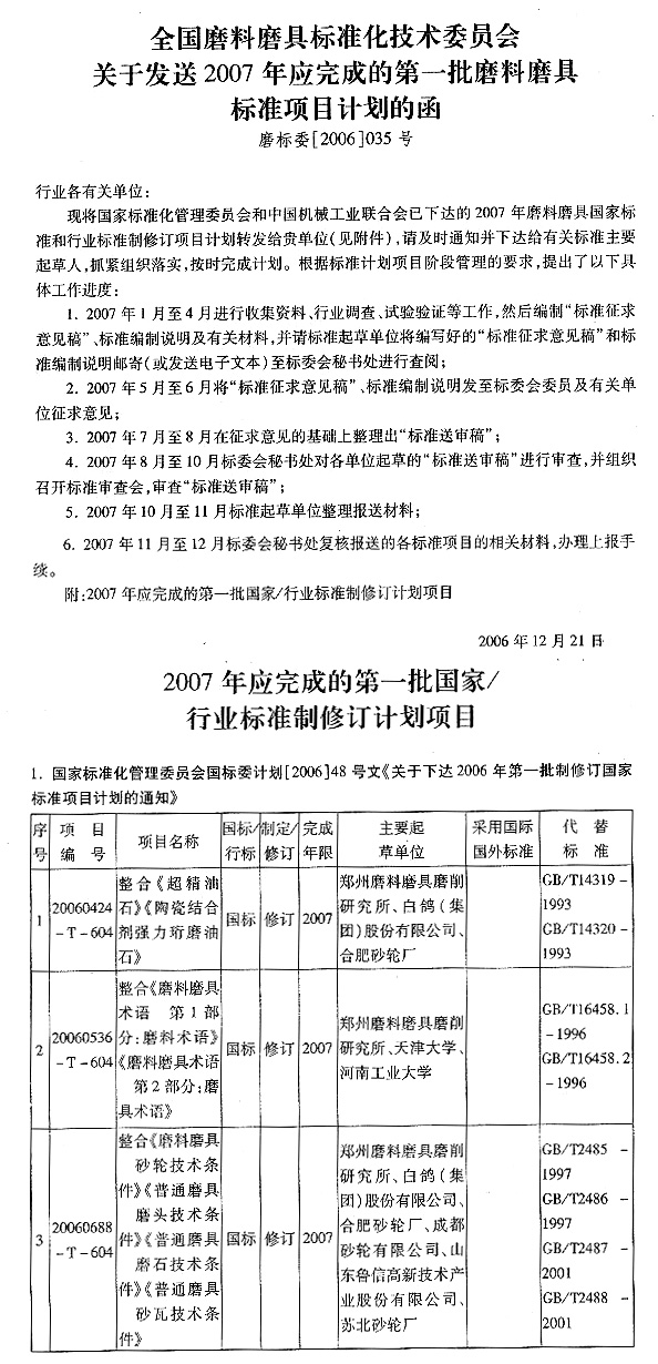 全国磨料磨具标准化技术委员会关于发送2007年应完成的第一批磨料磨具标准项目计划的函
