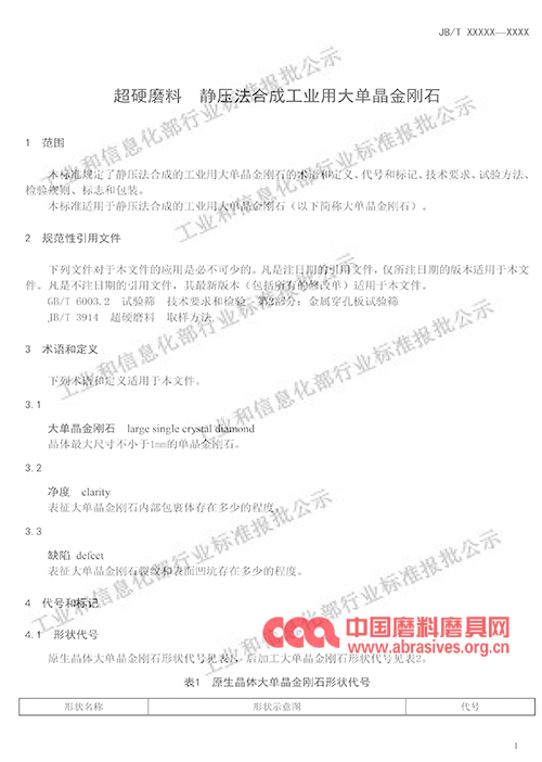 “普通磨料抗破碎力测定方法、大单晶金刚石、超硬磨料砂布”三项行业标准（报批稿）公示