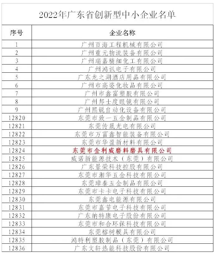 东莞金利威入选2022年广东省创新型中小企业名单