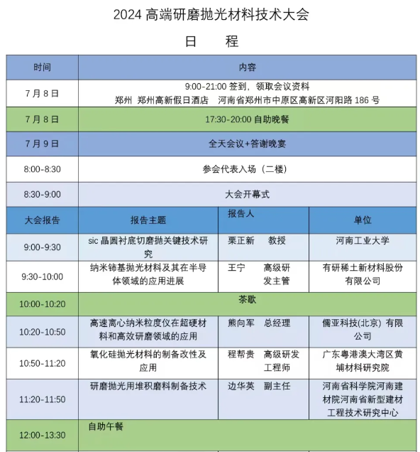日程公布！！7月9日相约郑州！2024高端研磨抛光材料技术大会