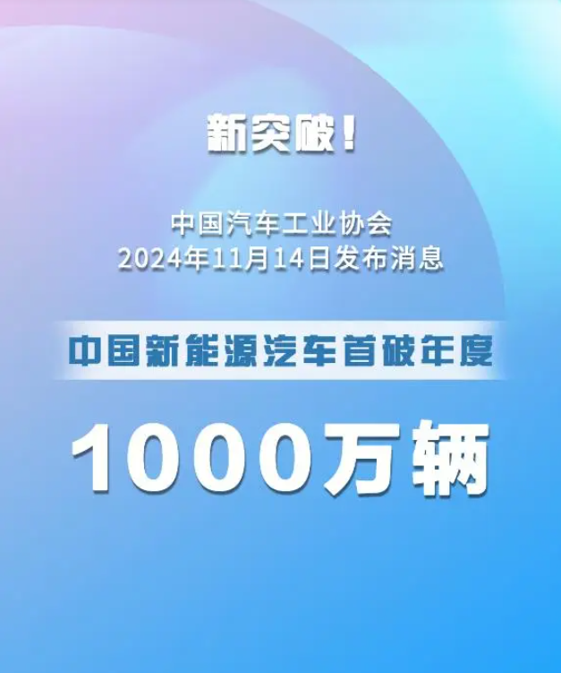 中国新能源汽车首破年度1000万辆