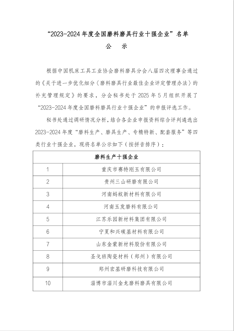 “2023-2024年度全国磨料磨具行业十强企业”名单公示